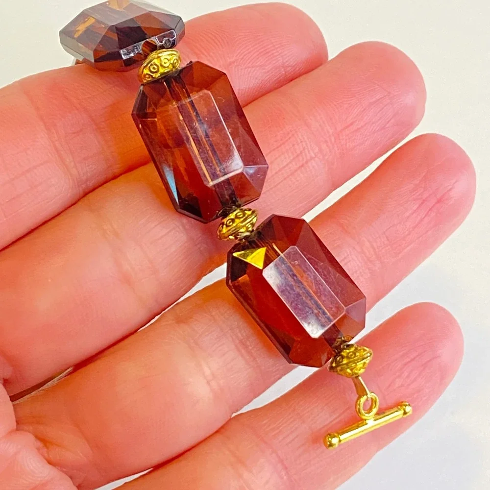 Honey Brown Root Beer Chunky Faceted Acrylic Bead Bracelet Gold Tone Autumn Fall
